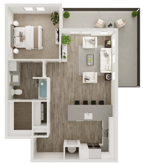 A top-down view of a modern apartment with a kitchen, living room, and bathroom.